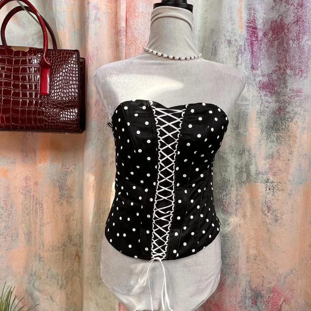 πSixthsense Sexy Corsage Top Black with White Polka Dots & Zipper on the Side - Picture 1 of 15